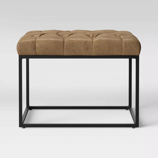 Pouf Trubeck con Base in Metallo Trapuntato in Similpelle Marrone